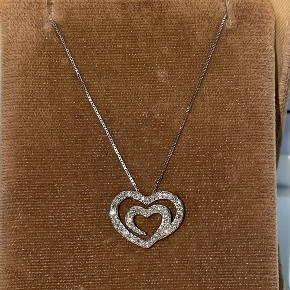 Solid 14K White Gold Natural Diamond Double Heart Pendant Box Chain Necklace